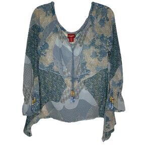 Mudd Womens Floral Beaded Tie‎ Peasant Sheer Blouse Size M Blue Vintage Y2K Boho